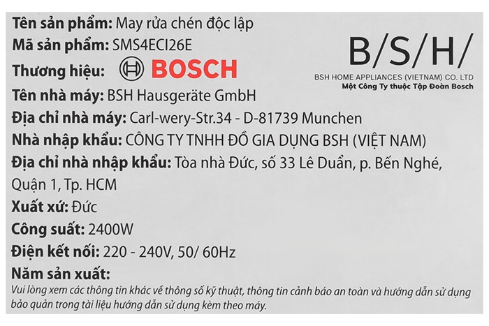 Máy rửa bát độc lập Bosch Serie 4 SMS4ECI26E